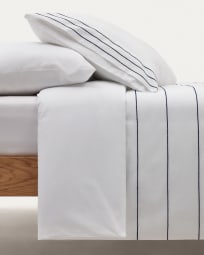 Cintia cotton percale duvet cover and pillowcase set in white with striped embroidery, 150 x 200 cm