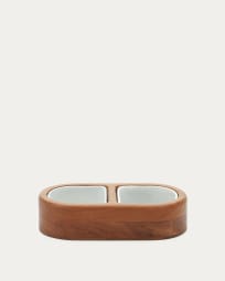 Arlo set of 2 food/water bowls with a wooden support, 38 x 20 cm