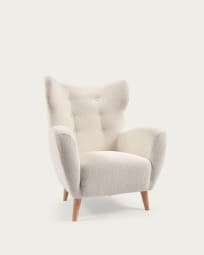 Patio armchair in white bouclé with solid, natural rubberwood legs