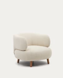 Luisa-fauteuil in witte schapenvacht met massief beukenhouten poten