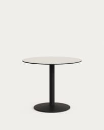 Esilda round outdoor table in white with metal leg in a painted black finish, Ø 90 x 70 cm