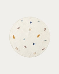 Tapete redondo Yanil de lã e algodão branco com bordado de folhas multicolor Ø 120 cm