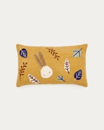 Yanil cushion cover in mustard bouclé with multicolour embroidered leaves, 30 x 50 cm