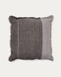 Seloia dark blue cushion cover, 100% linen with stripes and fringes, 50 x 50 cm