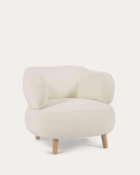 Luisa white bouclé armchair with solid rubber wood legs.
