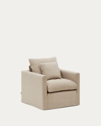 Fauteuil déhoussable Nora avec coussins en lin et coton couleur taupe 92 cm