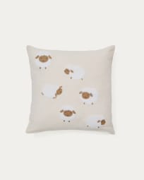 Milu cushion cover in beige cotton with sheep embroidery feature, 45 x 45 cm