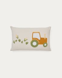 Pecky cushion cover in beige cotton with a tractor embroidery feature, 30 x 50 cm