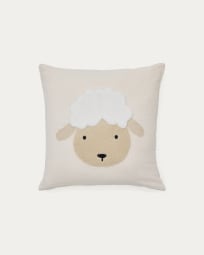 Milu cushion cover in beige cotton with a sheep embroidery feature, 45 x 45 cm