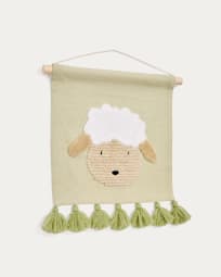 Tapis mural Milu en coton vert avec motif mouton et pompons verts