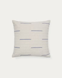 Blaina cushion cover in white linen with a blue embroidery feature, 45 x 45 cm