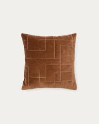 Prila terracotta-coloured velvet cotton cushion cover with embroidery feature, 45 x 45 cm