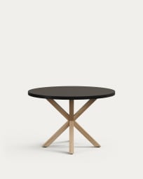 Argo ronde tafel in zwartgelakt MDF glas en stalen poten met houteffect Ø 120 cm