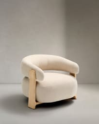 Granite beige chenille armchair with solid ash wood legs in a natural finish FSC 100%