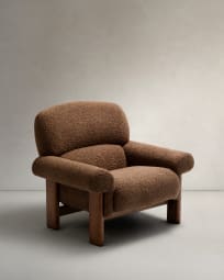 Cabana fauteuil in taupe bouclé en poten van massief essenhout in noten afwerking FSC 100%