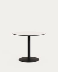 Esilda round outdoor table in white with metal leg in a painted black finish, Ø 90 x 70 cm