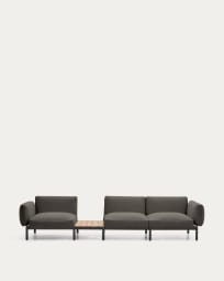Canapé modulable d'extérieur Sorells 3 places revêtement gris et aluminium gris accompagné d’une table en teck 341 x 113 cm FSC 100 %