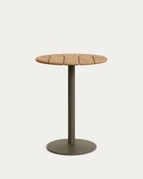 Taula rodona alta d'exterior Esilda amb sobre d'acàcia FSC 100% Ø80 cm i peu d'acer verd Ø55x96 cm