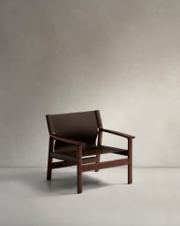 Sessel Jan aus recycelten Lederfasern in Dunkelbraun und massivem Eschenholz FSC 100 % mit Nussbaum-Finish