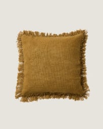 Isel mustard chenille cushion cover with fringing 50 x 50cm