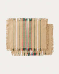 Davia set of 2 placemats in 100% cotton with green stripes and fringed detail 35 x 50cm