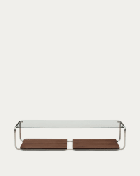 Tarsel coffee table in tempered glass with FSC 100% walnut veneer tray with brushed stainless steel structure 140 x 60cm