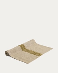 Caminho de mesa Calena em jacquard de linho com risca central verde 50 x 150 cm