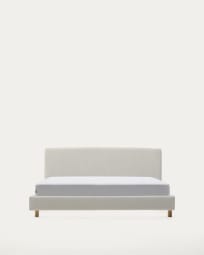 Pearl chenille Valma bed with removable cover and solid beech wood legs for a 160 x 200 cm mattress