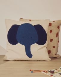Tandani beige cotton floor cushion with blue elephant 70 x 70cm