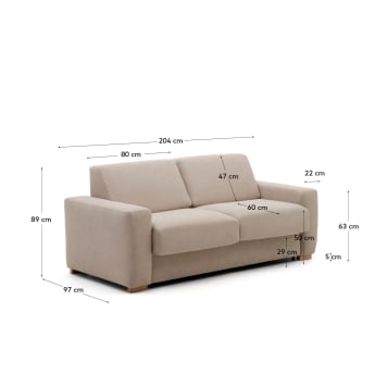 Sofa rozkładana Anley 2-osobowa beżowa 204 cm - rozmiary
