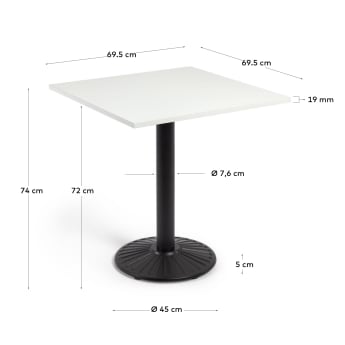 Stół Tiaret z białej melaminy z metalową podstawą malowaną na czarno 69,5 x 69,5 cm - rozmiary