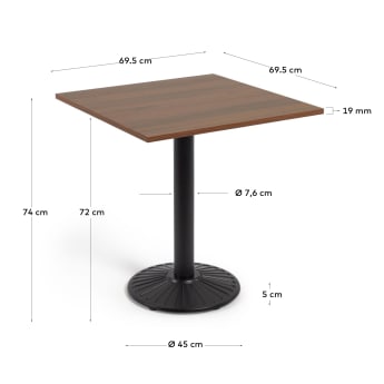 Tiaret tafel in melanine met walnoothouten afwerking en zwart metalen poot, 69,5 x 69,5 cm - maten