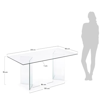 Mesa Burano de vidro 200 x 90 cm - tamanhos