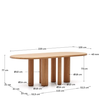 Mailen oval table in ash wood veneer with natural finish, Ø 220 x 105 cm - sizes