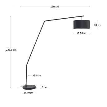 Ciana floor lamp in black finished metal with a cotton lampshade UK adapter - sizes