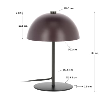 Aleyla table lamp in metal with maroon finish UK adapter - dimensions