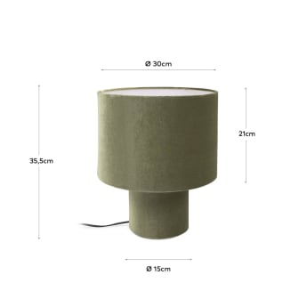 Lampe de table Eastend en velours vert avec adaptateur prise UK - dimensions