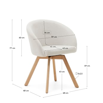 Cadeira giratória Marvin chenille bege e pernas madeira maciça faia acabamento natural - tamanhos