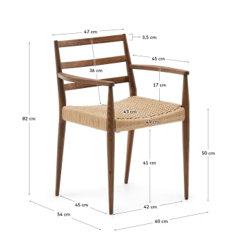 Krzesło Analy z podłokietnikami, z litego drewna dębowego, z orzechowym wykończeniem  i siedziskiem ze sznurka, FSC 100% - rozmiary