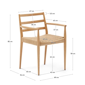 Chaise Analy avec accoudoirs en bois de chêne, finition naturelle FSC 100 % assise en cord - dimensions