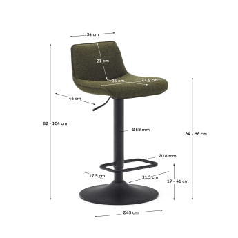 Zenda stool in dark green chenille and matt black steel height 81-102 cm - sizes