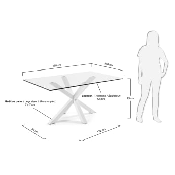 Argo glass table and steel legs with white finish, 180 x 100 cm - sizes