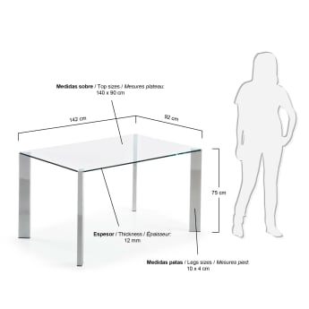 Τραπέζι Spot, γυαλί και ατσάλινα πόδια σε χρώμιο, 142 x 92 εκ - μεγέθη