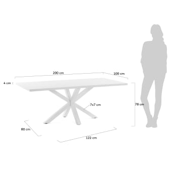 Tavolo Argo di melammina con finitura bianca e gambe in acciaio con finitura bianca 200 x 100 cm - dimensioni