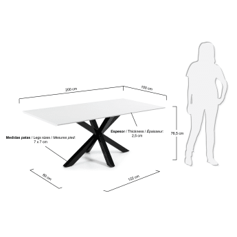Tisch Argo aus Melamin mit weißer Oberfläche und Stahlbeinen mit schwarzem Finish, 200 x 100 cm - Größen