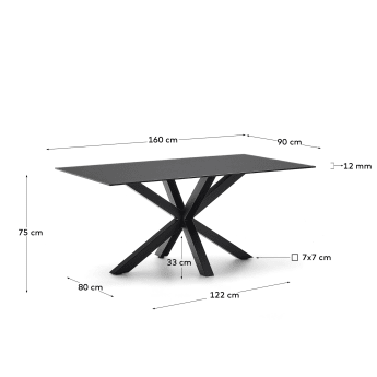 Argo glazen tafel met stalen poten in zwart 160 x 190 cm - maten