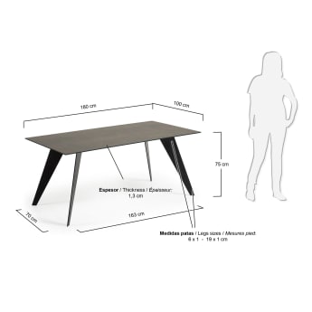 Table Koda en grès cérame finition Iron Moss et pieds en acier finition noire 180 x 100cm - dimensions