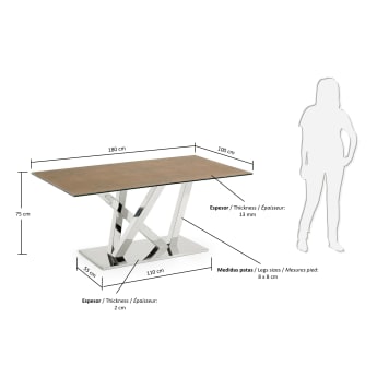 Table Nyc 180 cm grès cérame finition Iron Corten pieds en acier inoxydable - dimensions