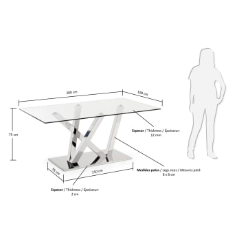 Table Nyc 200 cm verre pieds en acier inoxydable - dimensions
