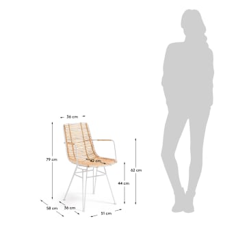 Cadeira com braços Tishana de ratã e aço branco - tamanhos